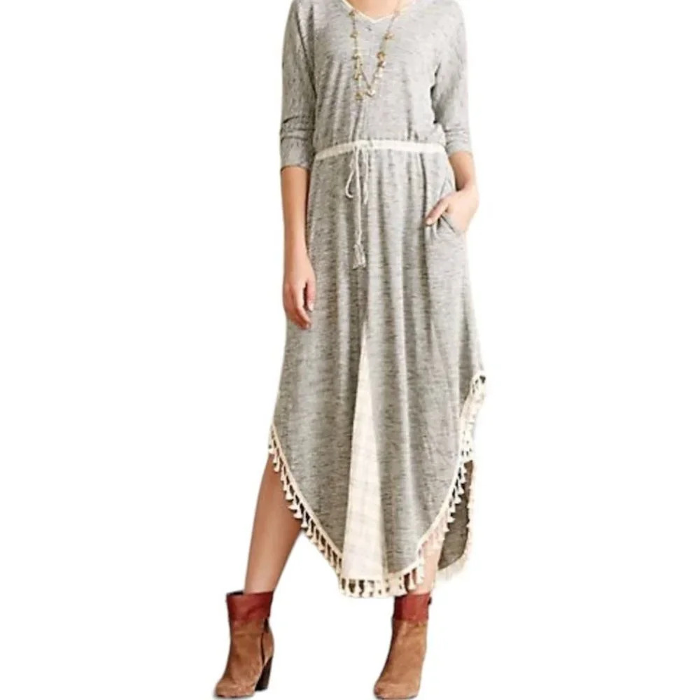 Anthropologie Midi Asymmetrical Tassel Tie Waist Dress